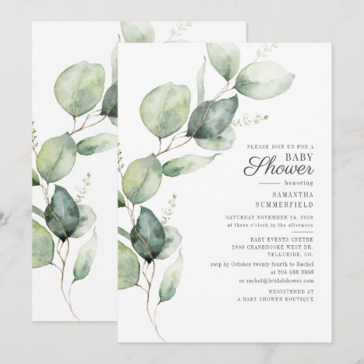 Elegant Eucalyptus Script Baby shower Kaart (Voorkant / Achterkant)