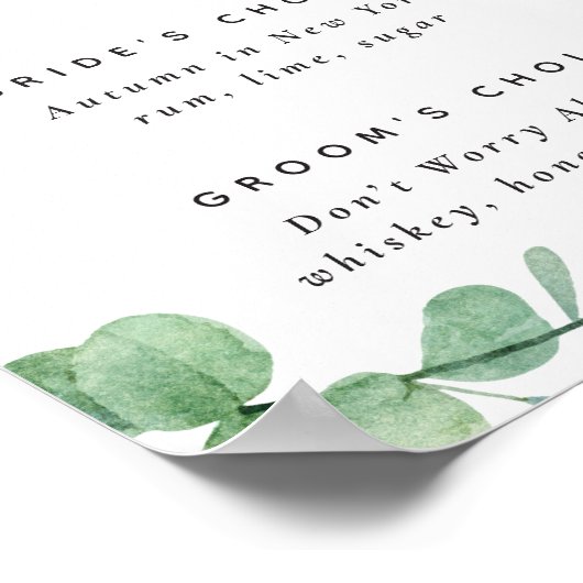 Elegant eucalyptus script bruiloft Signature drink Poster (Hoek)