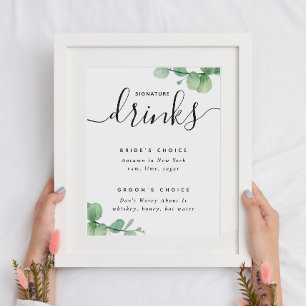 Elegant eucalyptus script bruiloft Signature drink Poster