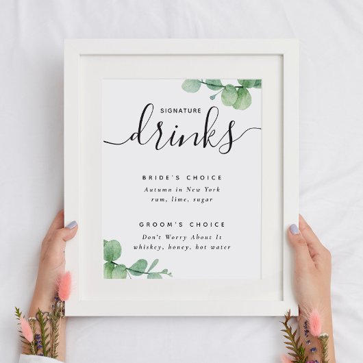 Elegant eucalyptus script bruiloft Signature drink Poster