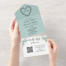 Elegant Eucalyptus Script Moderne RSVP QR Code All All In One Uitnodiging