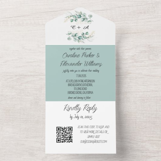 Elegant Eucalyptus Script Moderne RSVP QR-code All In One Uitnodiging (Binnen)
