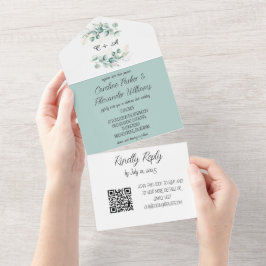 Elegant Eucalyptus Script Moderne RSVP QR-code All In One Uitnodiging