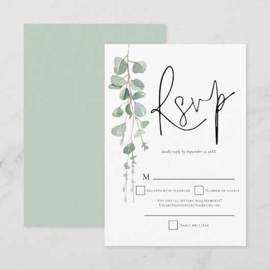 Elegant Eucalyptus Script Weduwschap RSVP Kaartje (Voorkant / Achterkant)
