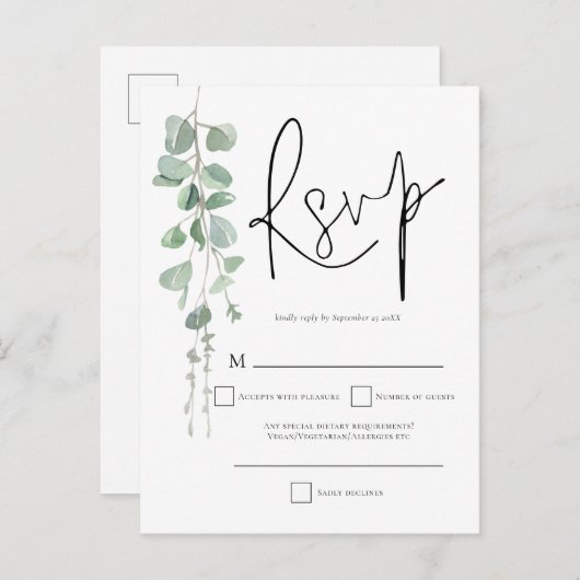 Elegant Eucalyptus Script Weduwschap RSVP Uitnodiging Briefkaart (Voorkant / Achterkant)