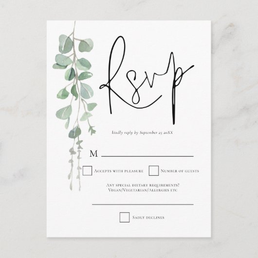 Elegant Eucalyptus Script Weduwschap RSVP Uitnodiging Briefkaart (Voorkant)