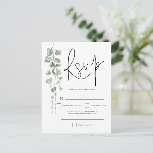 Elegant Eucalyptus Script Weduwschap RSVP Uitnodiging Briefkaart (Staand voorkant)