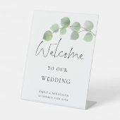 Elegant Eucalyptus Script Welkom op bruiloft Reclamebord Met Voetstuk (Voorkant)