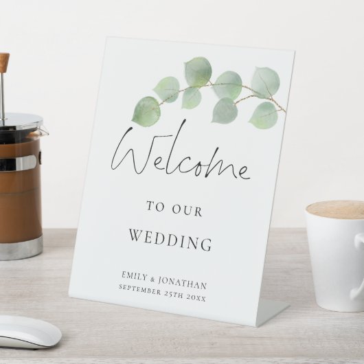 Elegant Eucalyptus Script Welkom op bruiloft Reclamebord Met Voetstuk (Insitu)