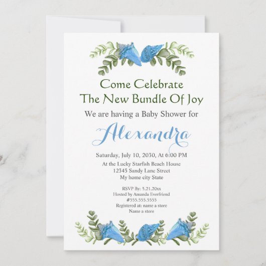 Elegant Eucalyptus Seashell Baby shower-uitnodigin (Voorkant)
