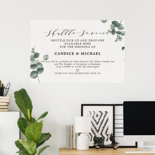 Elegant Eucalyptus Shuttle Service Wedding Sign Poster (Thuiskantoor)