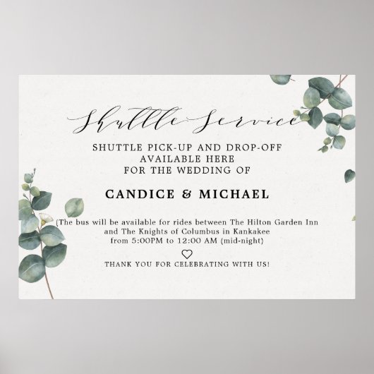 Elegant Eucalyptus Shuttle Service Wedding Sign Poster (Voorkant)
