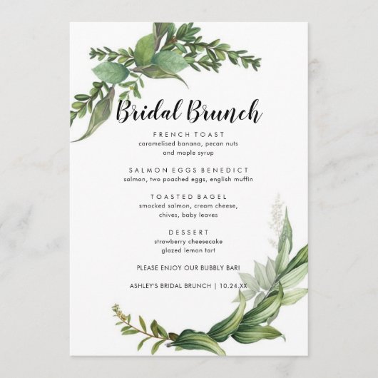 Elegant Eucalyptus Simple Bridal Brunch Menu (Voorkant)