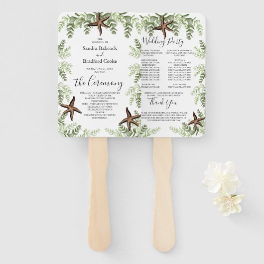 Elegant Eucalyptus Starfish Wedding Programme Handwaaier (Voorkant en achterkant)