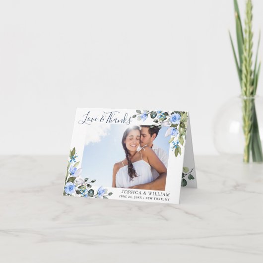 Elegant Eucalyptus Stoffig Blauw Rozen Eenvoudige Bedankkaart (Voorkant)