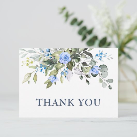 Elegant Eucalyptus Stoffig Blauw Rozen Groen Boho Bedankkaart (Staand voorkant)