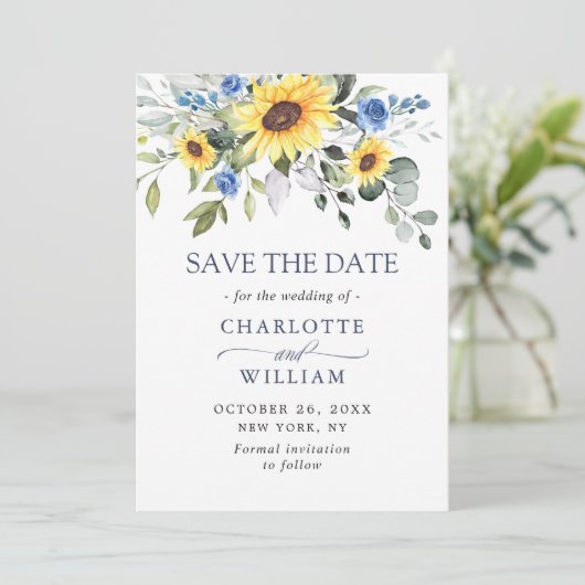 Elegant Eucalyptus Sunflower Floral Weddenschap Sa Save The Date (Staand voorkant)
