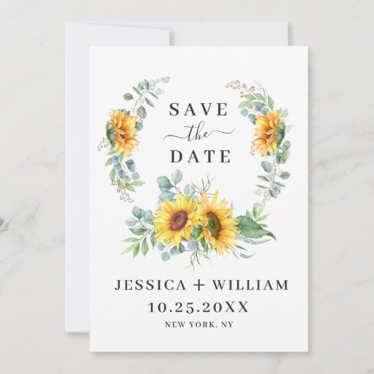 Elegant Eucalyptus Sunflower Floral Wedding Save The Date (Voorkant)