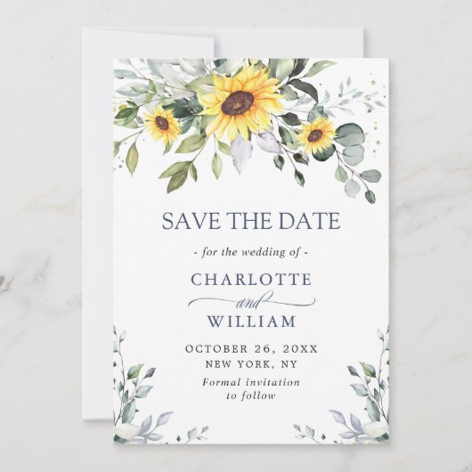 Elegant Eucalyptus Sunflower Floral Wedding Save The Date (Voorkant)