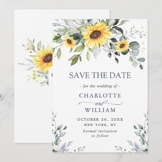 Elegant Eucalyptus Sunflower Floral Wedding Save The Date (Voorkant / Achterkant)
