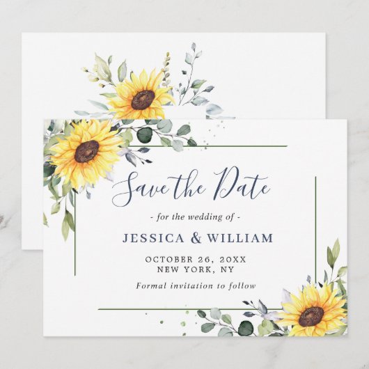 Elegant Eucalyptus Sunflower Floral Wedding Save The Date (Voorkant / Achterkant)