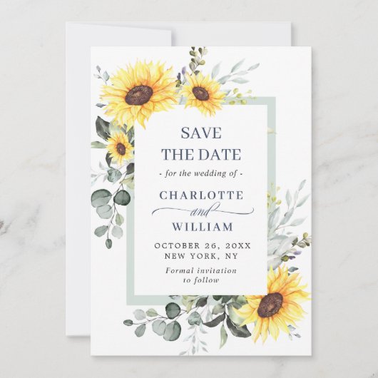 Elegant Eucalyptus Sunflower Floral Wedding Save The Date (Voorkant)