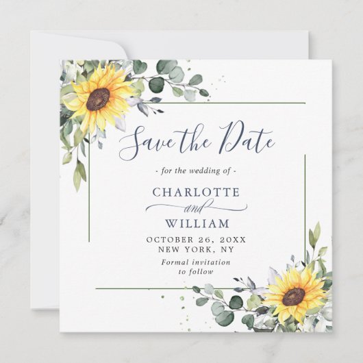 Elegant Eucalyptus Sunflower Floral Wedding Save The Date (Voorkant)