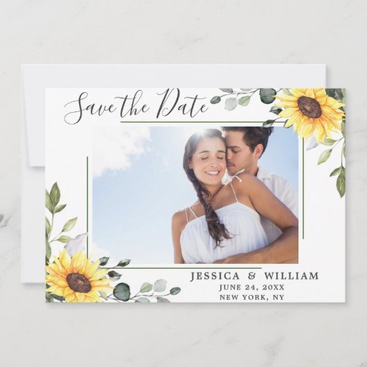 Elegant Eucalyptus Sunflower FOTO Weddenschap Save The Date (Voorkant)