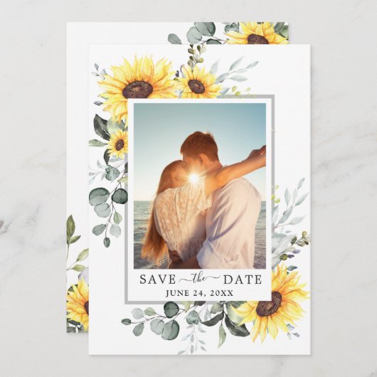 Elegant Eucalyptus Sunflower FOTO Weddenschap Save The Date (Voorkant / Achterkant)