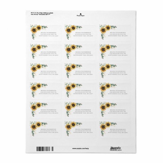 Elegant Eucalyptus Sunflower Modern Adres Etiket (Full Sheet)