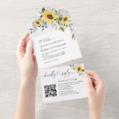 Elegant Eucalyptus Sunflower WeddenningQR-code All In One Uitnodiging (Afscheurbaar)
