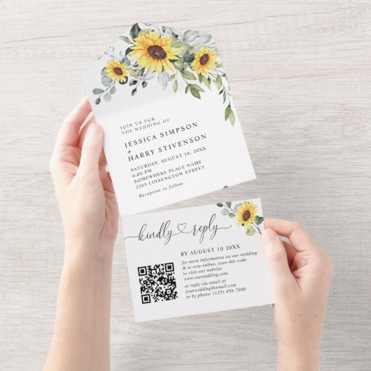 Elegant Eucalyptus Sunflower WeddenningQR-code All In One Uitnodiging (Afscheurbaar)