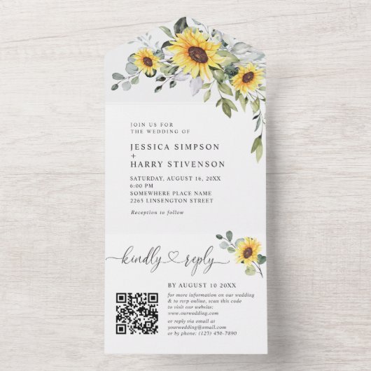 Elegant Eucalyptus Sunflower WeddenningQR-code All In One Uitnodiging (Binnen)
