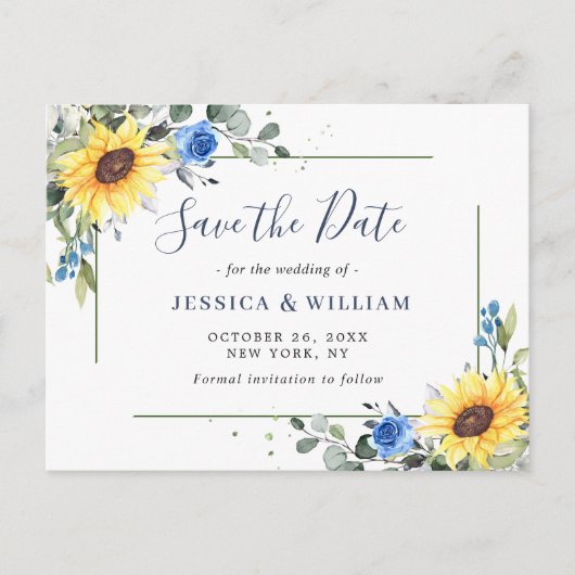Elegant Eucalyptus Sunflower Wedding Save the Date Aankondigingskaart (Voorkant)