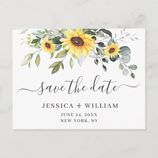Elegant Eucalyptus Sunflower Wedding Save the Date Aankondigingskaart (Voorkant)
