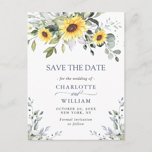 Elegant Eucalyptus Sunflower Wedding Save the Date Briefkaart (Voorkant)