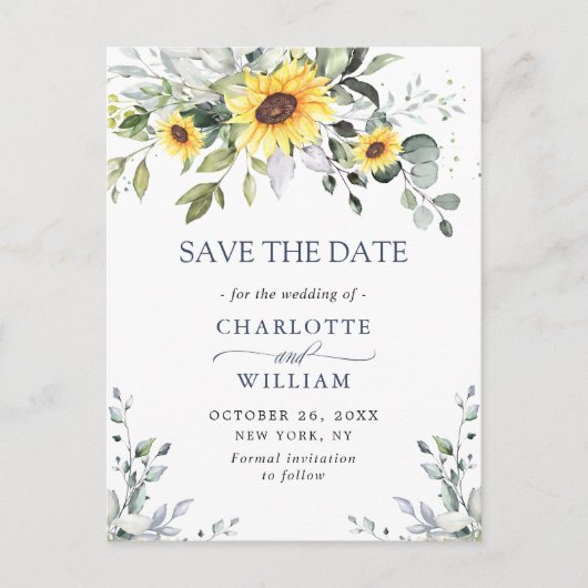 Elegant Eucalyptus Sunflower Wedding Save the Date Briefkaart (Voorkant)