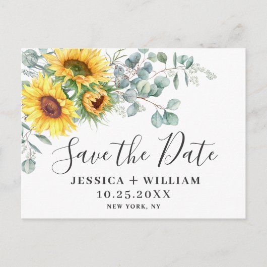 Elegant Eucalyptus Sunflower Wedding Save the Date Briefkaart (Voorkant)