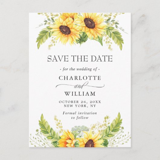 Elegant Eucalyptus Sunflower Wedding Save the Date Briefkaart (Voorkant)