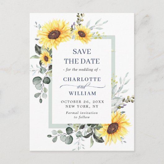 Elegant Eucalyptus Sunflower Wedding Save the Date Briefkaart (Voorkant)