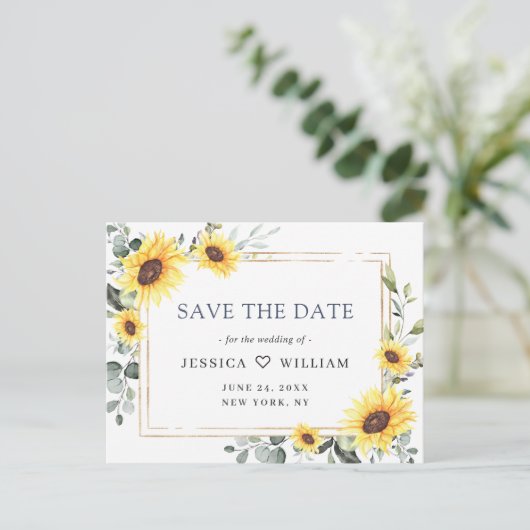Elegant Eucalyptus Sunflower Wedding Save the Date Briefkaart (Staand voorkant)
