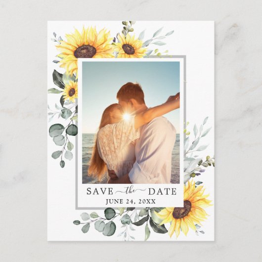 Elegant Eucalyptus Sunflower Wedding Save the Date Briefkaart (Voorkant)