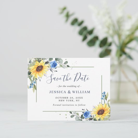 Elegant Eucalyptus Sunflower Wedding Save the Date Briefkaart (Staand voorkant)