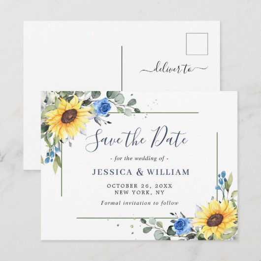 Elegant Eucalyptus Sunflower Wedding Save the Date Briefkaart (Voorkant / Achterkant)
