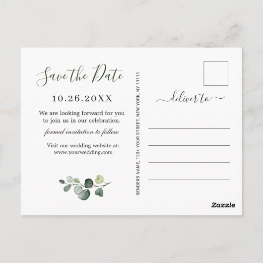 Elegant Eucalyptus Sunflower Wedding Save the Date Briefkaart (Achterkant)