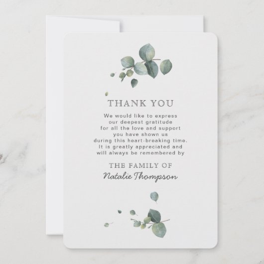 Elegant Eucalyptus Sympathie Funeral Foto Bedankkaart (Achterkant)