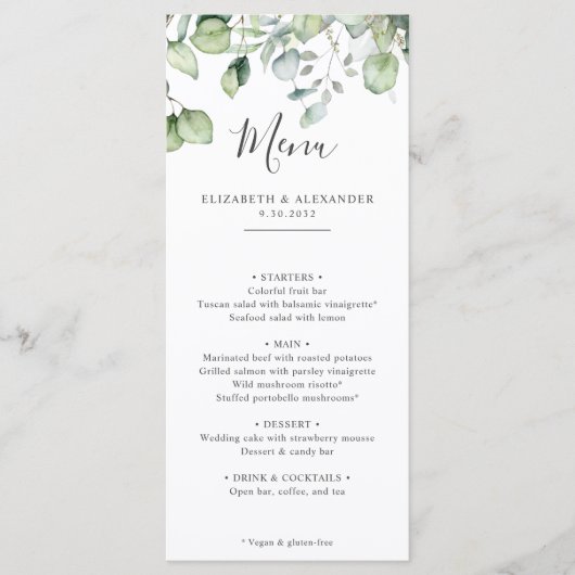 Elegant eucalyptus verlaat een groen, eenvoudig hu menu (Voorkant)