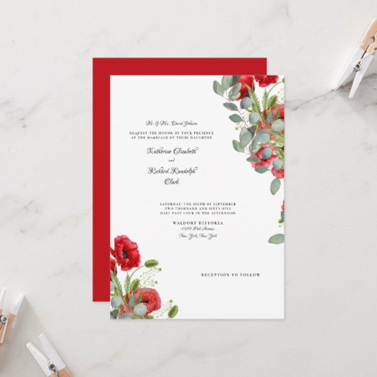 Elegant Eucalyptus Vibrant Red Floral Wedding Kaart (Voorkant / Achterkant in situ)