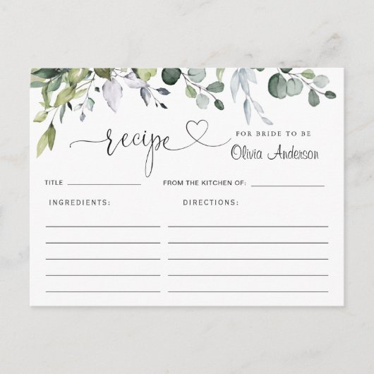 Elegant Eucalyptus Vrijgezellenfeest Recipcard Briefkaart (Voorkant)