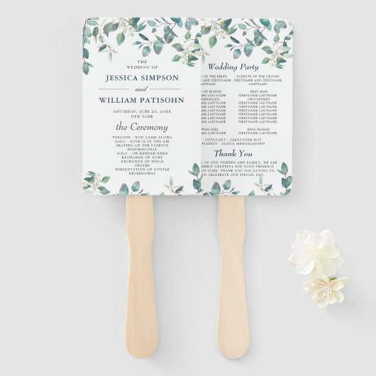 Elegant Eucalyptus Watercolor Huwelijksprogramma Handwaaier (Voorkant en achterkant)